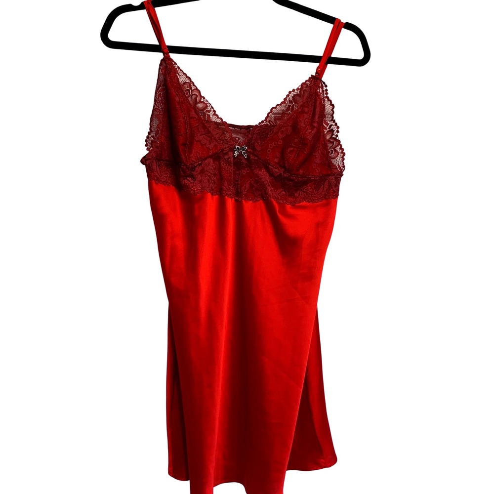 Cosmopolitan Sexy Lace Trim Chemise Gown Slip Dress Large Red Satin Coquette